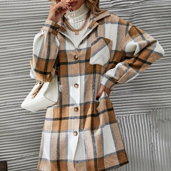 2 piece set Plaid Print Button Front Overcoat & Skirt Tan - Picture 4 of 6